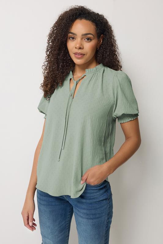 M&Co Green Pastel Tie Neck Frill Sleeve Blouse | M&Co 1