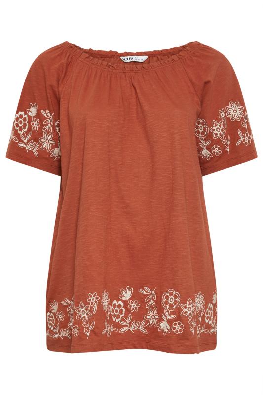 YOURS Plus Size Orange Embroidered Detail Bardot Top | Yours Clothing 5