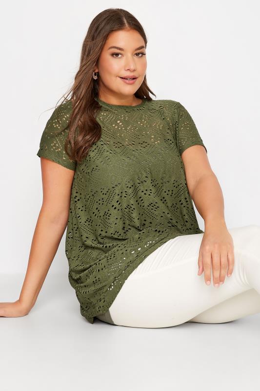 Plus Size Khaki Green Broderie Anglaise Swing T-Shirt | Yours Clothing 4