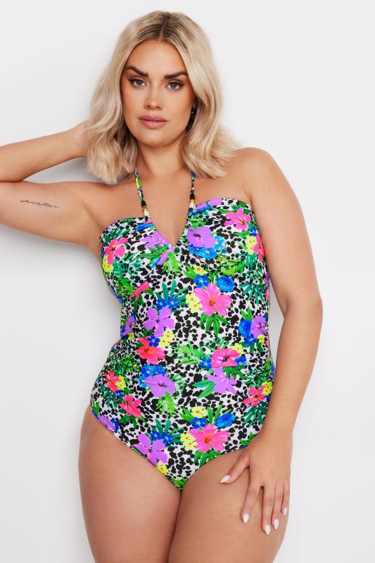 YOURS Plus Size White Floral Dalmatian Print Halter Neck Swimsuit | Yours Clothing 6
