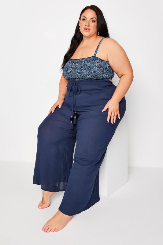 YOURS Plus Size Navy Blue Wide Leg Tassel Beach Trousers | Yours Clothing 3