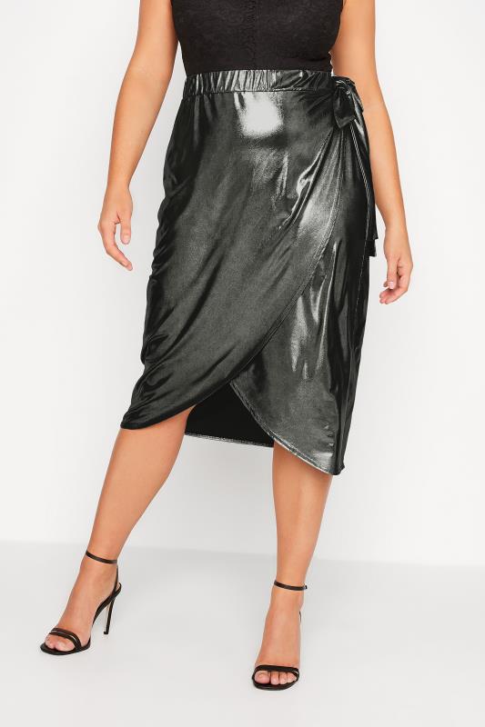 LIMITED COLLECTION Plus Size Silver Foil Wrap Skirt | Yours Clothing 1