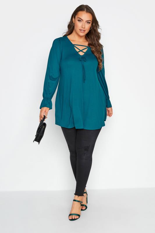 LIMITED COLLECTION Plus Size Teal Blue Lattice Front Top | Yours Clothing 2