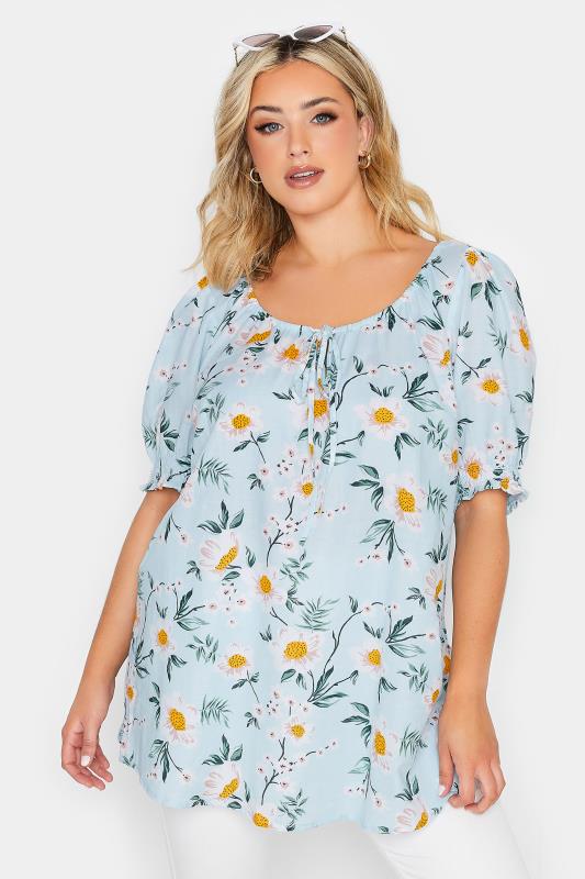 YOURS Plus Size Light Blue Floral Print Gypsy Top | Yours Clothing 1