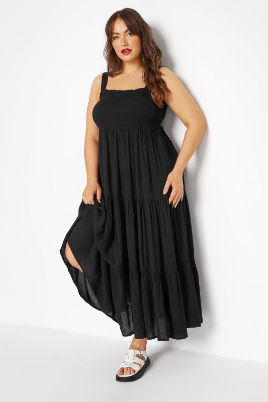 LIMIETD COLLECTION Curve Black Strappy Shirred Tier Dress_B.jpg