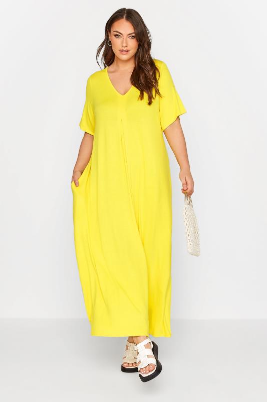 LIMITED COLLECTION Curve Lemon Yellow Pleat Front Maxi Dress_B.jpg