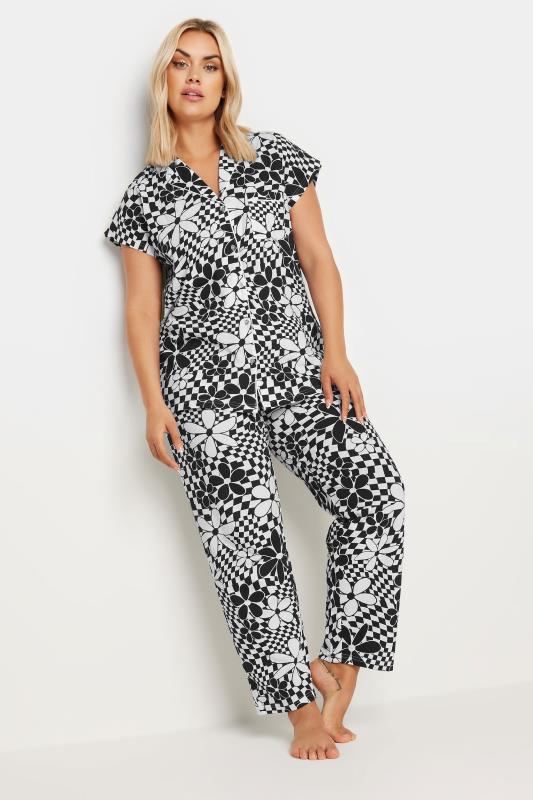 YOURS Plus Size Black Retro Floral Print Button Through Pyjama Set | Yours Clothing 1