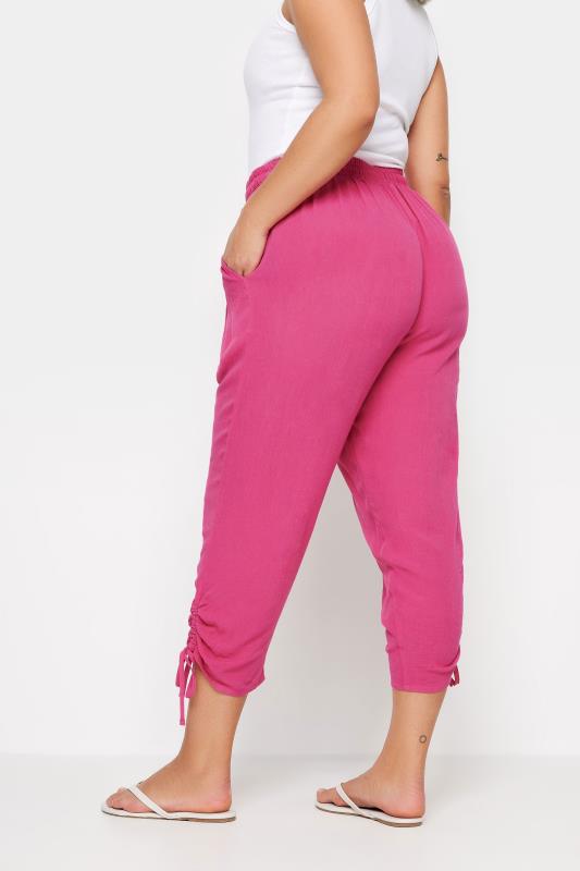 YOURS Plus Size Pink Crinkle Ruched Cropped Trousers | Yours Clothing 3