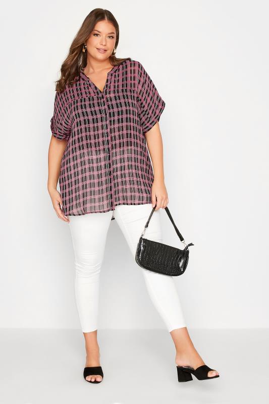 Plus Size Black Check Chiffon Grown On Sleeve Shirt | Yours Clothing  2