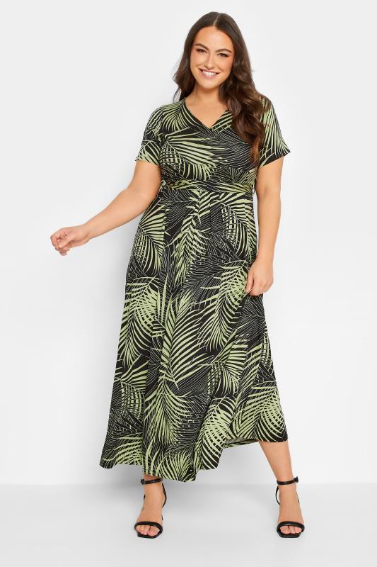 YOURS Curve Plus Size Green Leaf Print Wrap Maxi Dress | Yours Clothing  1