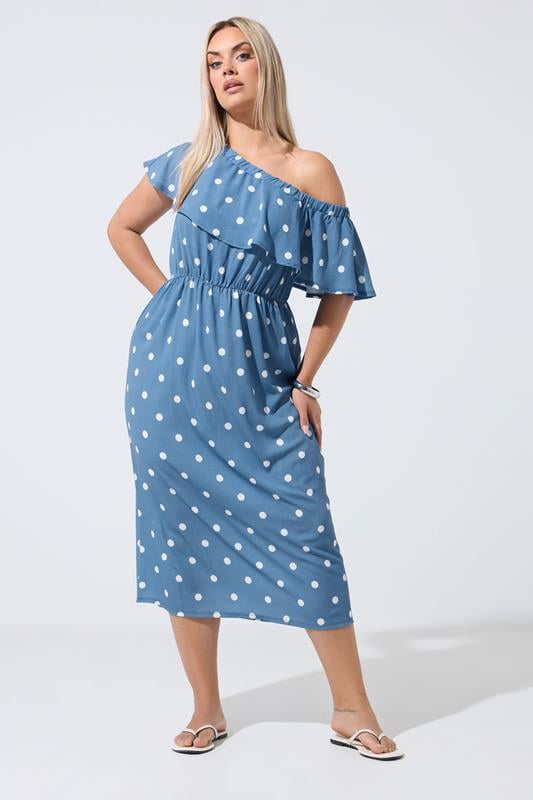 LIMITED COLLECTION Plus Size Blue Polka Dot Frill Dress | Yours Clothing 1