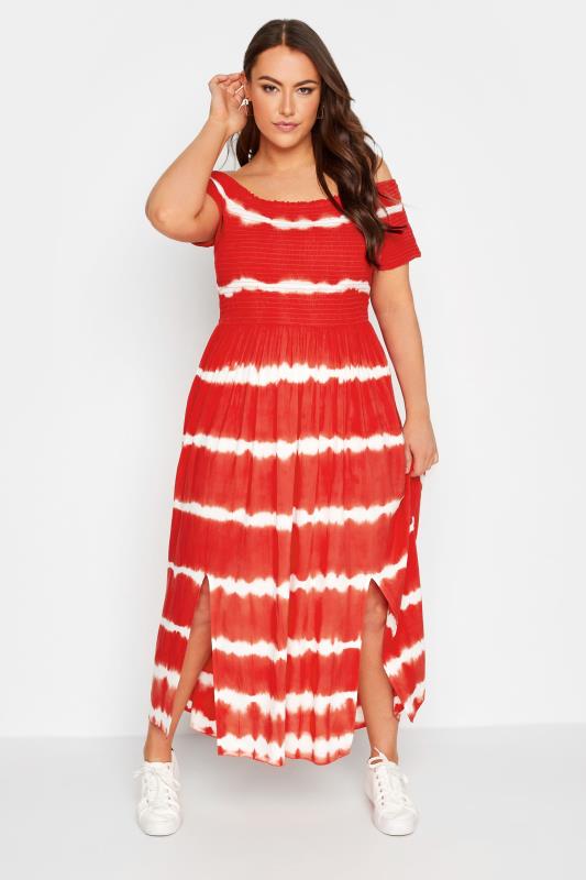 Plus Size  YOURS Curve Red Tie Dye Bardot Maxi Dress