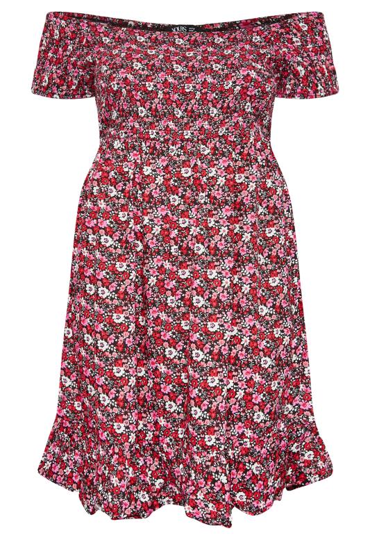 YOURS Plus Size Curve Pink Floral Shirred Bardot Mini Dress | Yours Clothing  6