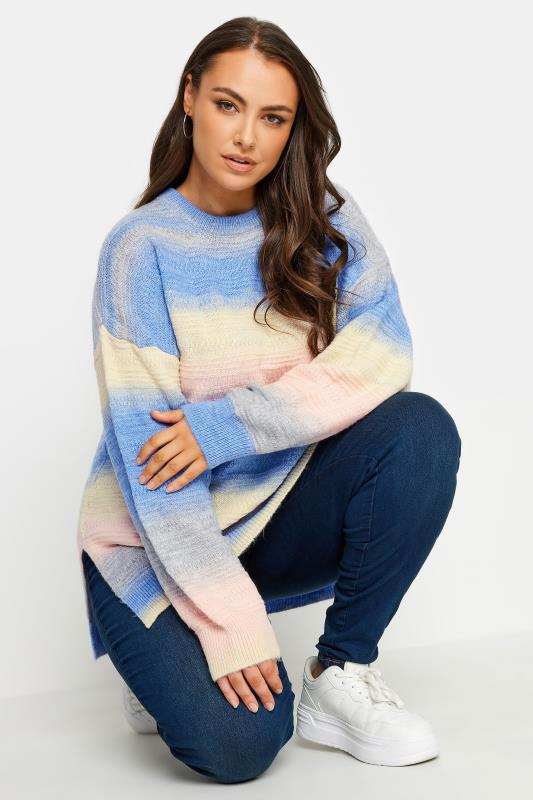 YOURS Plus Size Blue Stripe Side Split Knitted Jumper | Yours Clothing 4