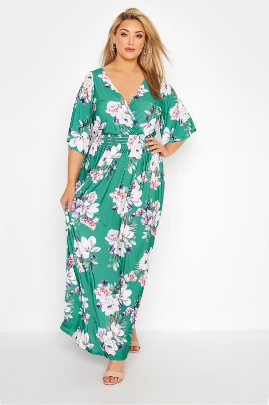 Plus Size  YOURS LONDON Curve Green Floral Shirred Waist Maxi Dress