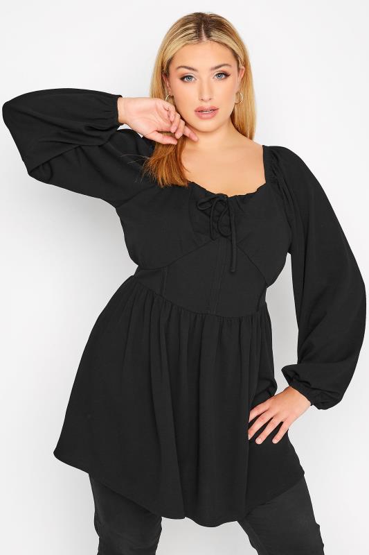 LIMITED COLLECTION Plus Size Black Corset Detail Peplum Top | Yours Clothing 1