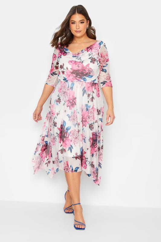 YOURS LONDON Plus Size White Floral Cowl Neck Mesh Dress | Yours Clothing  1