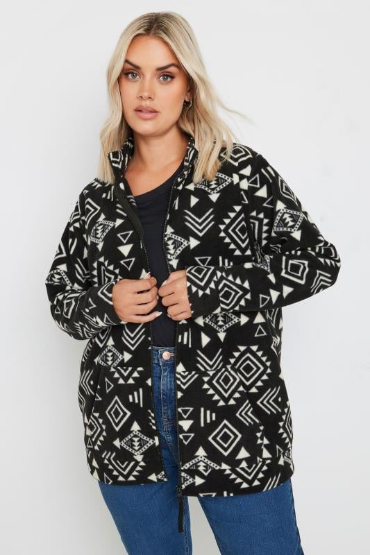  YOURS Curve Black & White Aztec Print Zip Fleece Jacket