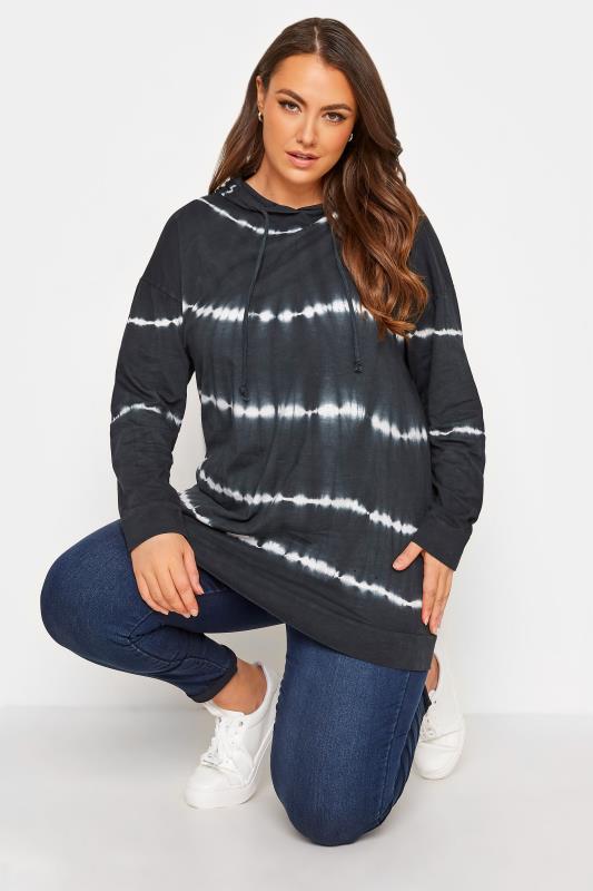 Plus Size  YOURS Curve Black Tie Dye Washed Hoodie