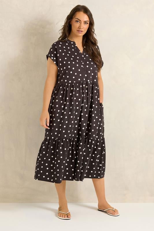 EVANS Plus Size Chocolate Brown Cotton Spot Dress | Evans 1