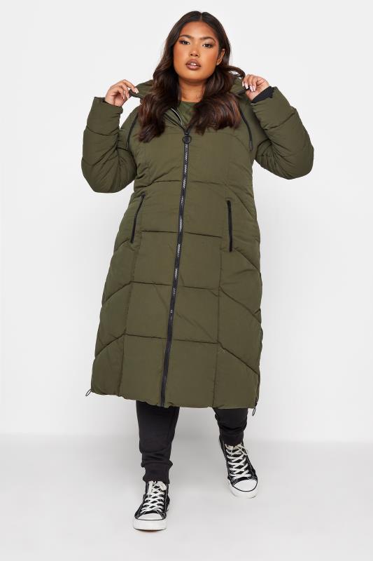 Plus Size  Khaki Hooded Puffer Maxi Coat
