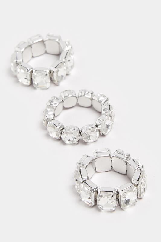 3 PACK Silver Tone Diamante Stretch Rings | Yours Clothing 2