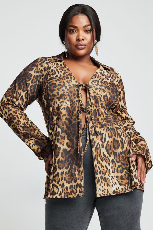  Grande Taille LIMITED COLLECTION Curve Brown Leopard Print Tie Front Top