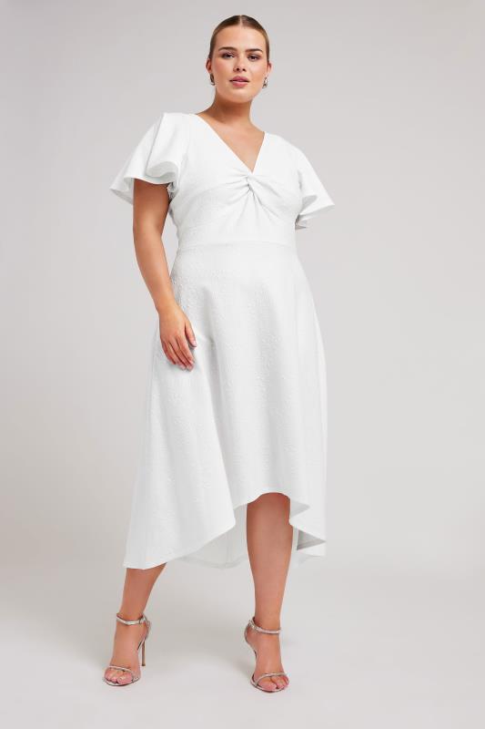 YOURS LONDON Plus Size White Dipped Hemline Jacquard Dress | Yours Clothing 1
