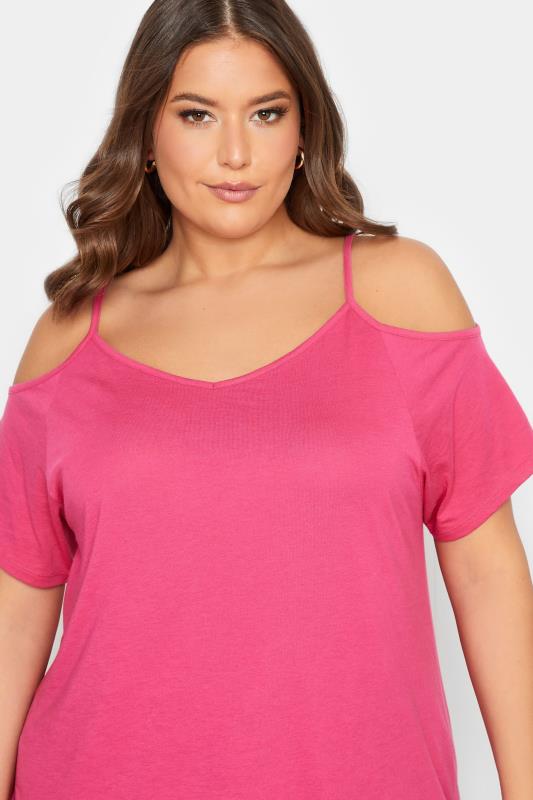 YOURS Curve Plus Size Hot Pink Cold Shoulder T-Shirt | Yours Clothing  4