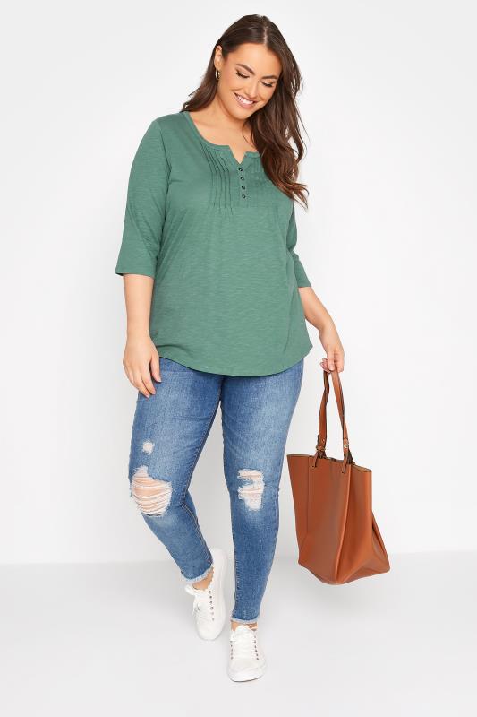 YOURS FOR GOOD Curve Sage Green Pintuck Henley Top 2