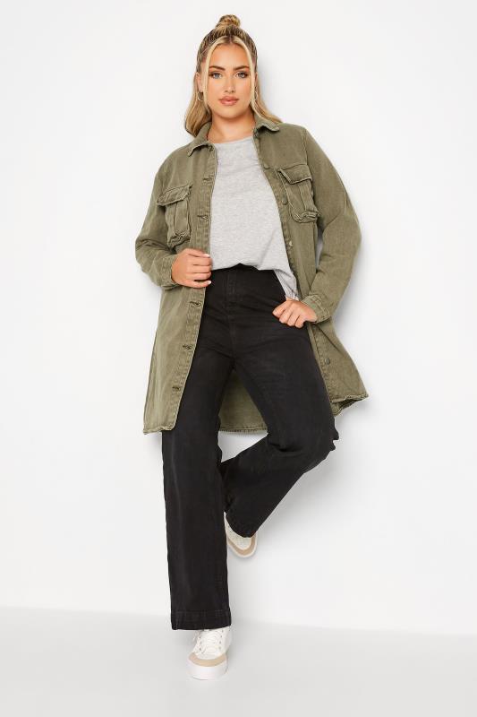 LIMITED COLLECTION Plus Size Khaki Green Washed Longline Denim Jacket | Yours Clothing 2