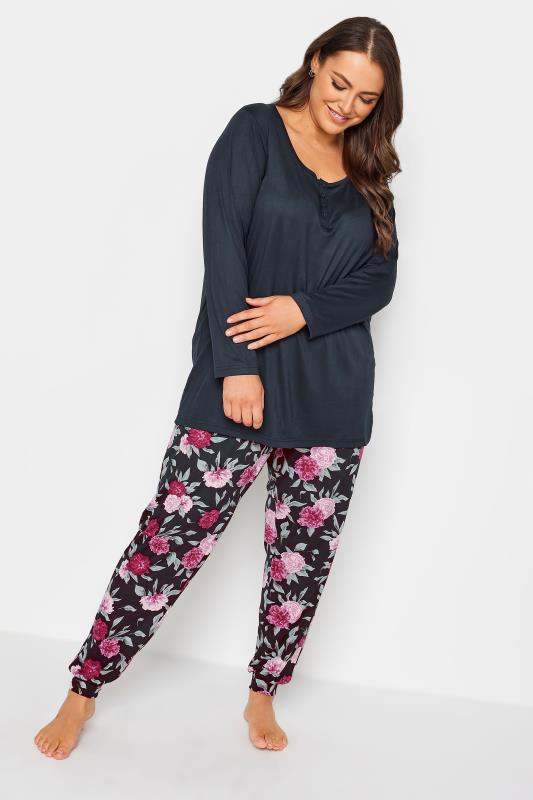 YOURS Curve Navy Blue Floral Print Soft Touch Pyjama Set | Yours Clothing 1