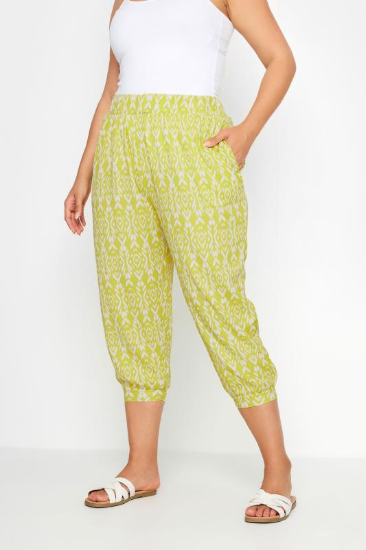 YOURS Plus Size Yellow Ikat Print Textured Cropped Harem Trousers | Yours Clothing 1