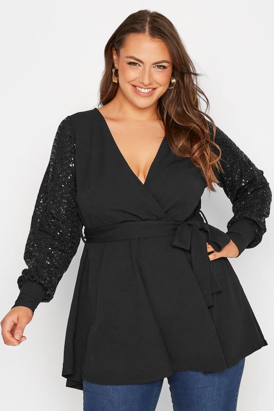 YOURS LONDON Curve Black Sequin Sleeve Embellished Wrap Top 1