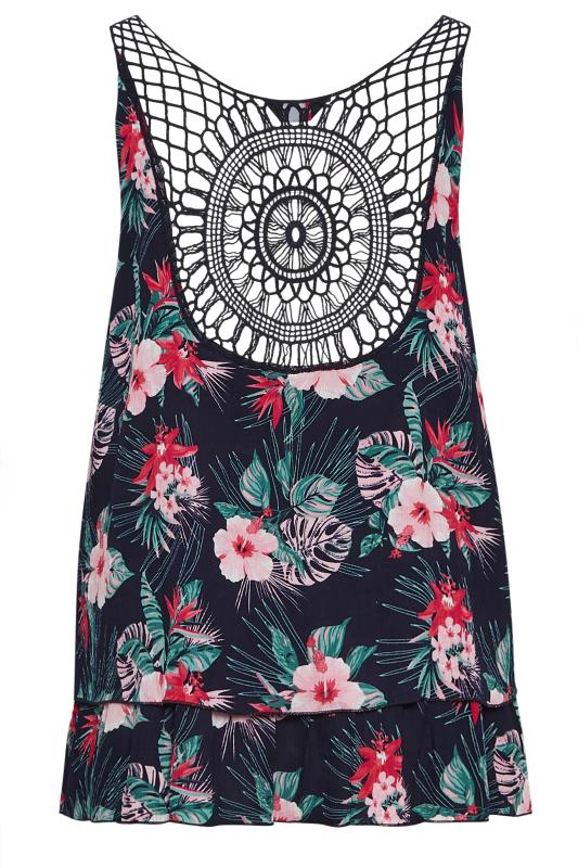 YOURS Plus Size Navy Blue Floral Crinkle Crochet Back Vest Top | Yours Clothing 7