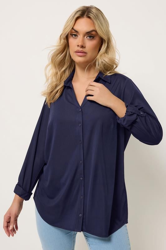 YOURS Plus Size Navy Blue Ribbed Shirt | Yours Clothing 1