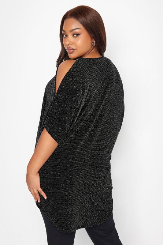 YOURS LONDON Plus Size Black Glitter Cold Shoulder Cape Top | Yours Clothing 3