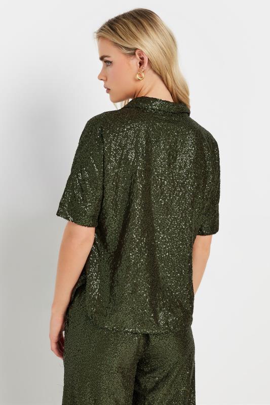 PixieGirl Petite Women's Khaki Green Sequin Embellished Short Sleeve Shirt | PixieGirl 4