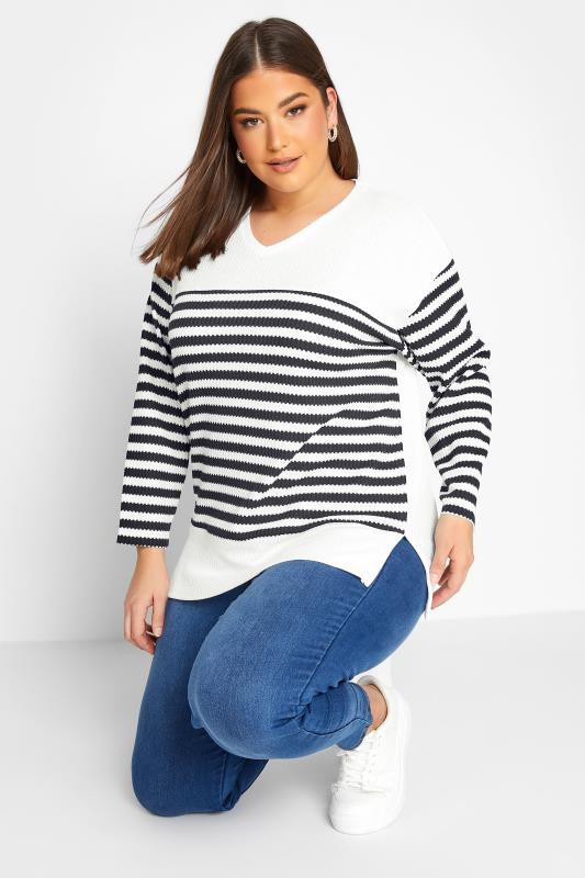 YOURS Curve Plus Size White Stripe Long Sleeve Jumper | Yours Clothing  2