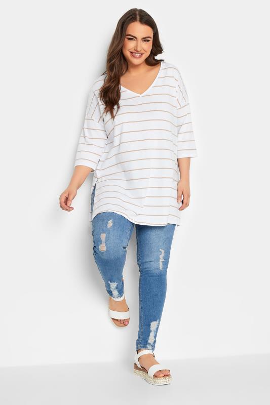YOURS Curve Plus Size White Stripe V-Neck T-Shirt | Yours Clothing  2