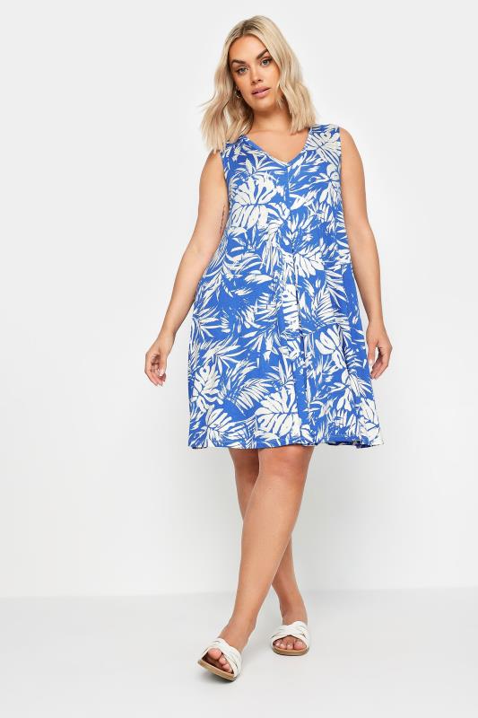 YOURS Plus Size Blue Leaf Print Mini Dress | Yours Clothing 2