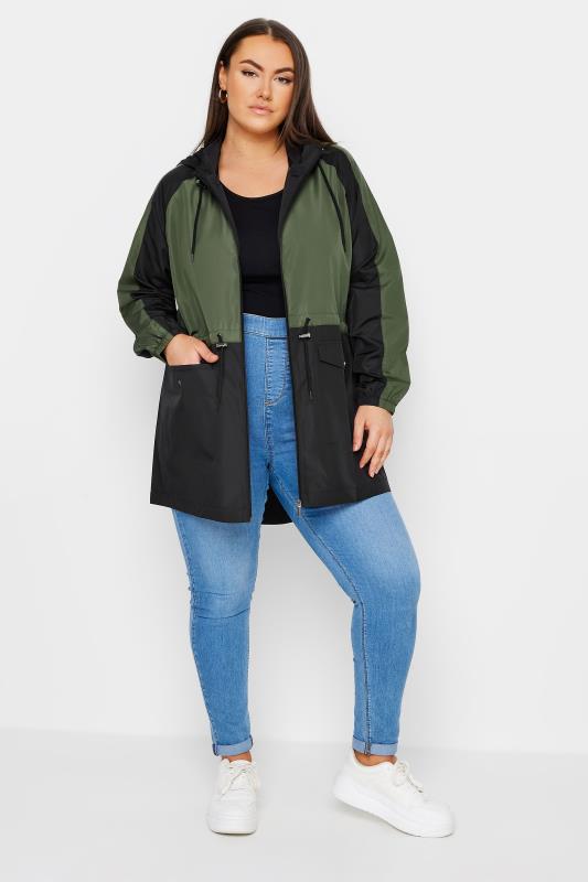 YOURS Plus Size Khaki Green Colour Block Drawstring Lightweight Parka Jacket | Yours Clothing 2