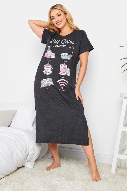 Plus Size Grey 'Self Care' Printed Midaxi Nightdress | Yours Clothing 1