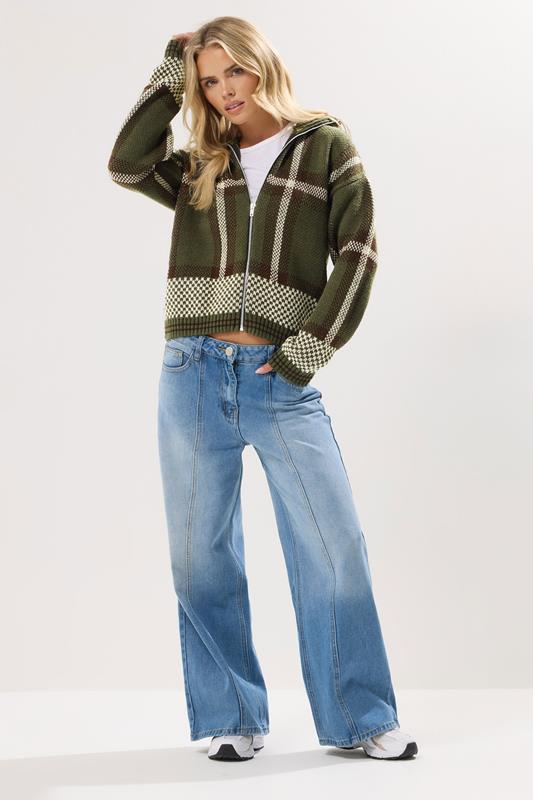 PixieGirl Petite Women's Green Knitted Check Zip Cardigan | PixieGirl 1