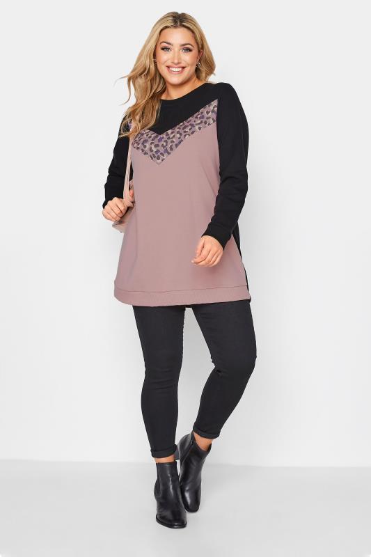Plus Size Curve Black & Pink Leopard Print Colour Block Sweatshirt | Yours Clothing  2