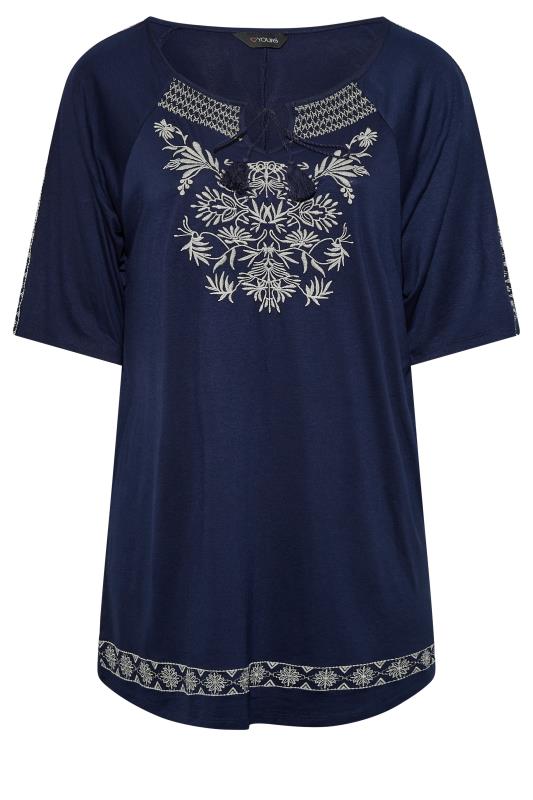 Plus Size Navy Blue Embroidered Tie Neck Top | Yours Clothing 6