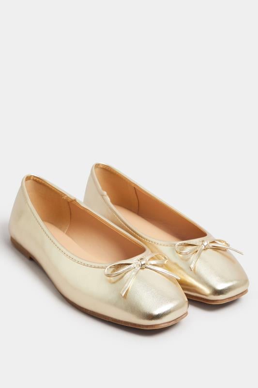 Gold Metallic Ballerina Pumps In Extra Wide EEE Fit | Yours Clothing 2