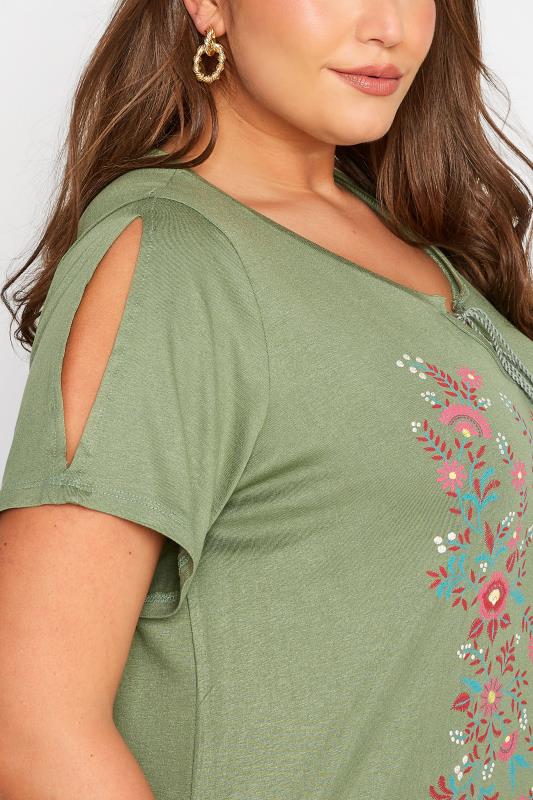 Curve Khaki Green Floral Print Tie Neck T-Shirt 4