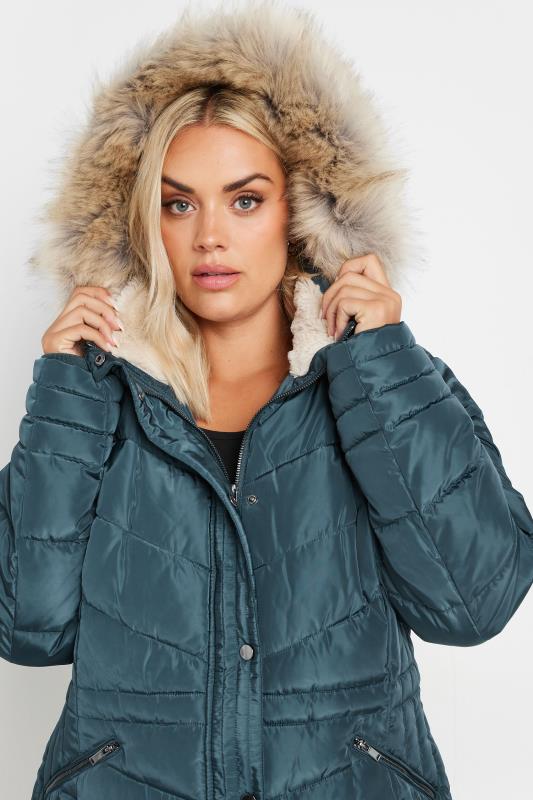 Blue padded coat with fur hood hotsell