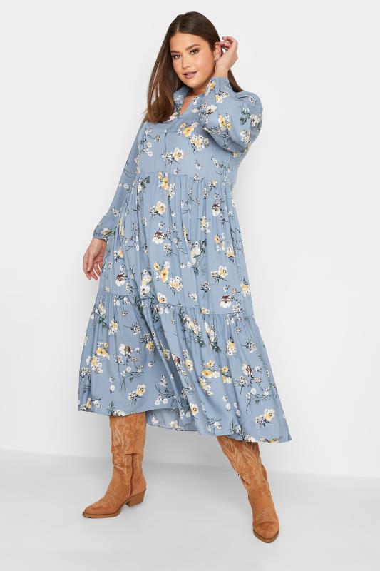 YOURS Plus Size Blue Floral Tiered Shirt Dress | Yours Clothing 2
